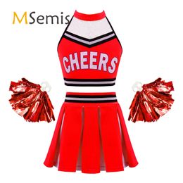 Cheerleading Kids Girls Cheerleading Uniform Cheerleader Dance Costume Halter Neck Backless Crop Top with Elastic Waistband Pleated Skirt 230210