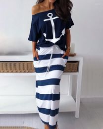 Work Dresses Women Summer Boat Anchor Print T-Shirt & Striped Skirt Set Female Sexy Outwear Homewear Suit Lady Casual Two Piece Outfits