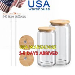 USA Stock 16 унций стеклянные кружки сублимация прозрачные замороженные масоны чашки для кофейного чая тумблеры с бамбуковой крышкой и пластиковой соломинкой