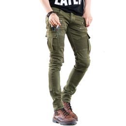 Men's Jeans Green Black Denim Biker jeans Men Skinny Runway Distressed slim elastic homme hip hop Military motorcycle cargo pants 230209