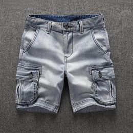 Men's Shorts Men's 2023 Summer Denim Multiple Pockets Washed Mid-Waist Straight Street Cargo Jeans