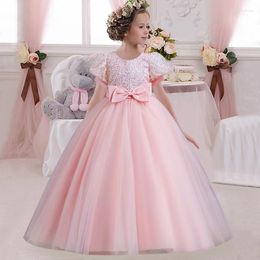 Girl Dresses Children's Dress 4-14 Girls' Cute Fashion Bubble Sleeve Sequin Tulle Wedding Eucharist Bowknot