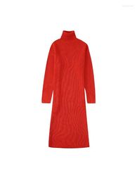 Casual Dresses Women's Autumn 2023 Fashion Chic High Neck Knitting Long Dress Vintage Sleeve Slim Solid Colour Skirt
