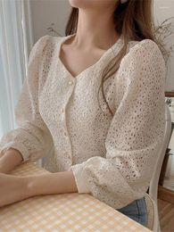 Women's Blouses Korean V-neck Blouse Hollow Out Lace Shirt Sweet Wild Slim Long Sleeve Tops Vintage Lace-up Clothes Female Blusas ZY7609