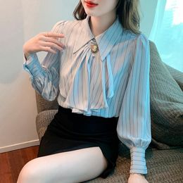 Women's Blouses Bow Tie Shirt Women Female Striped Spring Pearl Button Elegant Scarf Long Lantern Sleeve French Style Blue Top