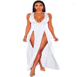 Casual Dresses Women Solid Colour Sleeveless Half-neck Narrow Waist Split Dress Summer Cool Design Sense Beach