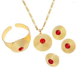Necklace Earrings Set Trendy Ethiopian Round Stone Jewelry Gold Color Eritrea Religious Enkutatash Amharic Dubai Wedding Gift