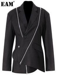 Womens Suits Blazers EAM Women Black Zipper Irregular Blazer Notched Long Sleeve Loose Fit Jacket Fashion Spring Autumn 1DE6066 230209