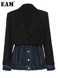 Womens Suits Blazers EAM Women Black Denim Spliced Long Blazer Lapel Sleeve Loose Fit Jacket Fashion Spring Autumn 1DE1679 230209