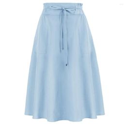 Skirts Women Cotton Skirt With Pockets Drawstring Elastic Waist Summer Spring Sweet Fashion Lady Girls Knee Swing A-Line