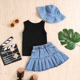 Clothing Sets Summer Kids Clothes Set For Children Girls Suit Sleeveless Top Denim Pleated Skirt Set with Hat Outfits Baby Girls Clothing W230210