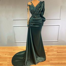 Runway Dresses Elegant Evening Dresses V-Neck Full Sleeve Satin Cocktail Dress For Women Applique Sweep Train Trumpet Vestidos 230210