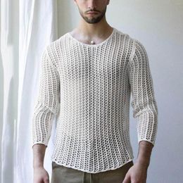 Men's T Shirts Fishnet Shirt Mens Street Trend Woven Solid Colour Mesh Knitted Long Sleeve Top Tunic