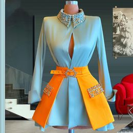 Runway Dresses Laxsesu Light Blue Cocktail Party Gowns Long Sleeves Beadings 2 Pieces Satin Evening Dress Short Prom Dress 230210