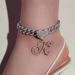 Anklets Flatfoosie 26 Initial Cursive Letter Rhinestone For Women Bling Iced Out Cuban Chain Ankle Bracelet Leg Foot Jewelry