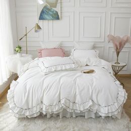 Bedding Sets Ruffles Duvet Cover Set Bed Skirt Pillowcase White Pink Cotton Bedclothes Full King Girl Wedding Home Textile High Quality