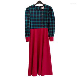 Casual Dresses PERHAPS U Women Navy Blue Red Vintage Square Collar Long Sleeve Plaid Patchwork Button Hit Color Midi Drees Autumn Spring