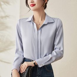 Women's Blouses 30% Real Silk Women's Shirt 2023 Spring Elegant For Women Basic Shirts Turn-down Collar Long Sleeve Woman Blouse Tops