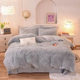 Bedding sets Plush Fluffy Duvet Cover Deluxe Super Soft Crystal Velvet Set 4 Piece Zipper Seal King Light Grey 230210