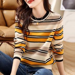 Women's Sweaters Stylish Striped Spliced Contrasting Colours Autumn Winter Casual All-match Loose Female Round Neck Screw Thread Jumpers