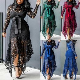 Casual Dresses 70% Hot Sell Women Long Sleeve Bow Belted Irregular Hem Hollow Lace Sexy Bodycon Long Dress T230210