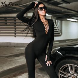 Women's Jumpsuits Rompers Hugcitar Solid V Neck Long Sleeves With Shoulder Pads Bodycon Jumpsuit Autumn Winter Women Fashion Elegant Club Y2K Sport 230210