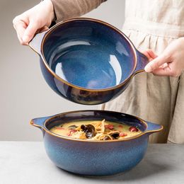 Bowls Chinese Style Large Double-ear Soup Bowl Kiln-changing Glazed Ramen With Handle Household Ceramic