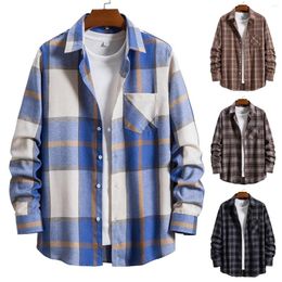 Men's Casual Shirts Patchwork Colour Plaid Shirt Men 2023 Autumn Fashion Chemise Homme Chequered Long Sleeve Male Blouse