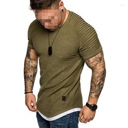 Men's T Shirts Fashion Pleated Sleeve Men T-shirt Striped Shoulder Funny Hip Hop Tops Slim Fit Short Summer Tees MY074