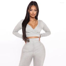 Women's Two Piece Pants Women Tracksuits Outfits V-Neck Long Sleeved T-shirt Top Skinny Stacked Leggings Sweatpants Club Ladies Clothing Set