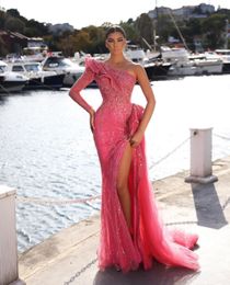 Pink A-line Evening Dresses One Long Sleeve V Neck Shiny Beaded Appliques Sequins Floor Length Celebrity Lace Side Slit Formal Prom Dresses Gowns Party Dress