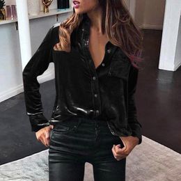 Women's Blouses Shirts For Women Fashion Top Blouse Velvet Long Sleeve Turn Down Collar Solid Button Pocket Casual Shirt Spring Autumn