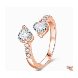 Band Rings Double Heart Adjustable For Women Zircon 3 Colour Open Finger Ring Proposal Wedding Gift Fashion Jewellery Drop Delivery Dhvfa