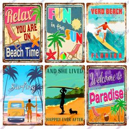 Surfing poster painting Vintage Beach Time Metal Tin Sign Summer Party Place Plates Relax Metal Wall Sign Pub Shed Sign Happy Place personalized Decoor Size 30X20 w02