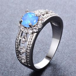 Wedding Rings Lady Luxury Round Crystal Engagement Ring Vintage Hollow White Blue Opal Stone Classic Silver Color For Women