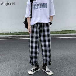 Men's Pants Men Casual Plaid Ankle Length Loose Wide Leg All-match Elastic Waist Fashion Trousers Streetwear Harajuku Korean Retro Ins Y2302