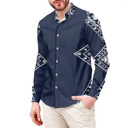 Men's Casual Shirts Totem Blue Tribe Polynesian Style Fashion Men's Shirt Stand-Up Collar 6XL Slim Long Sleeve Clothing