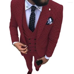 Men's Suits Men's Burgundy Suit 3 Pieces Spotted Notch Lapel Slim Fit Double Breasted Vest Tuxedos Groomsmen For Wedding(Blazer Pants)