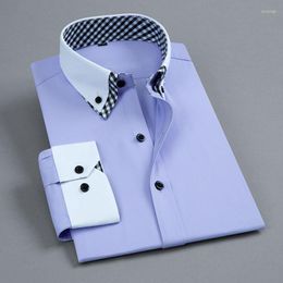 Men's Dress Shirts Mens Long Sleeve Shirt Non Iron Fashion Double Layer Business Formal Regular Fit Office Camisa White Purple Social