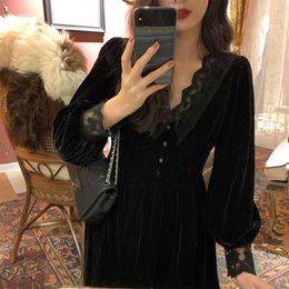 Casual Dresses French Vintage Dress Women Lace Velvet Black Elegant Party Female Autumn 2023 High Waist Long Sleeve Midi Gothic