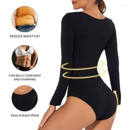 Women's Shapers Womens Long Sleeve Tummy-Control Skinny Bodysuit Crew Neck Leotard Top BuLifter Bodycon Romper Jumpsuit Underwear