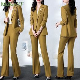 Womens Two Piece Pants Autumn Fashion Suit Professional Wear Korean Elegant Blazers Blouse Jacket High Waist Set 230209