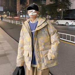 Men's Down Camouflage Jacket Tooling Hooded Cotton-padded Winter Fashion Tide Letter Printed Cartoon Bear Thick Warmth Slim Men Coat