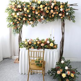 Decorative Flowers Wedding Arch Orange Autumn Artificial Floral Decoration Row Pre-Function Area Stage Background