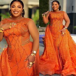 Arabic Aso Ebi Orange Mermaid Prom Dresses Beaded Crystals Luxurious Evening Formal Party Second Reception Birthday Engagement Gowns Dress ZJ