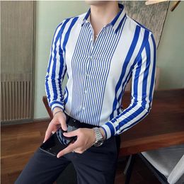 Men's Casual Shirts Striped Streetwear Slim Fit Black White Long Sleeve Shirt Tops Men Autumn Silk Satin Digital Printed S4XL 230209