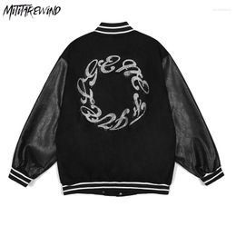 Men's Jackets Men Baseball Bomber Jacket High Street Letter Diamond Streetwear PU Leather Sleeve Varsity Fashion Coat Unisex