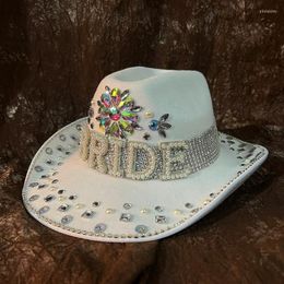 Berets Women Men Wool Bride Cowboy Hat Wide Brim Bridal Rhinestone Western Sombrero Hombre White Fedora HatBerets Oliv22