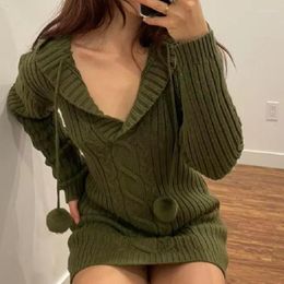 Casual Dresses Doury Y2k Hooded Dress For Women Fur Trim Hoodie Deep V Neck Ribbed Knitted Mini Aesthetic 2000s Cute Clothes