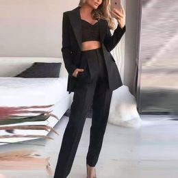 Womens Two Piece Pants Woman Vintage Black Slim Fit Blazer 3 Pcs Suit Autumn Elegant Female Solid Matching Sets VNeck Casual Office Three Set 230209